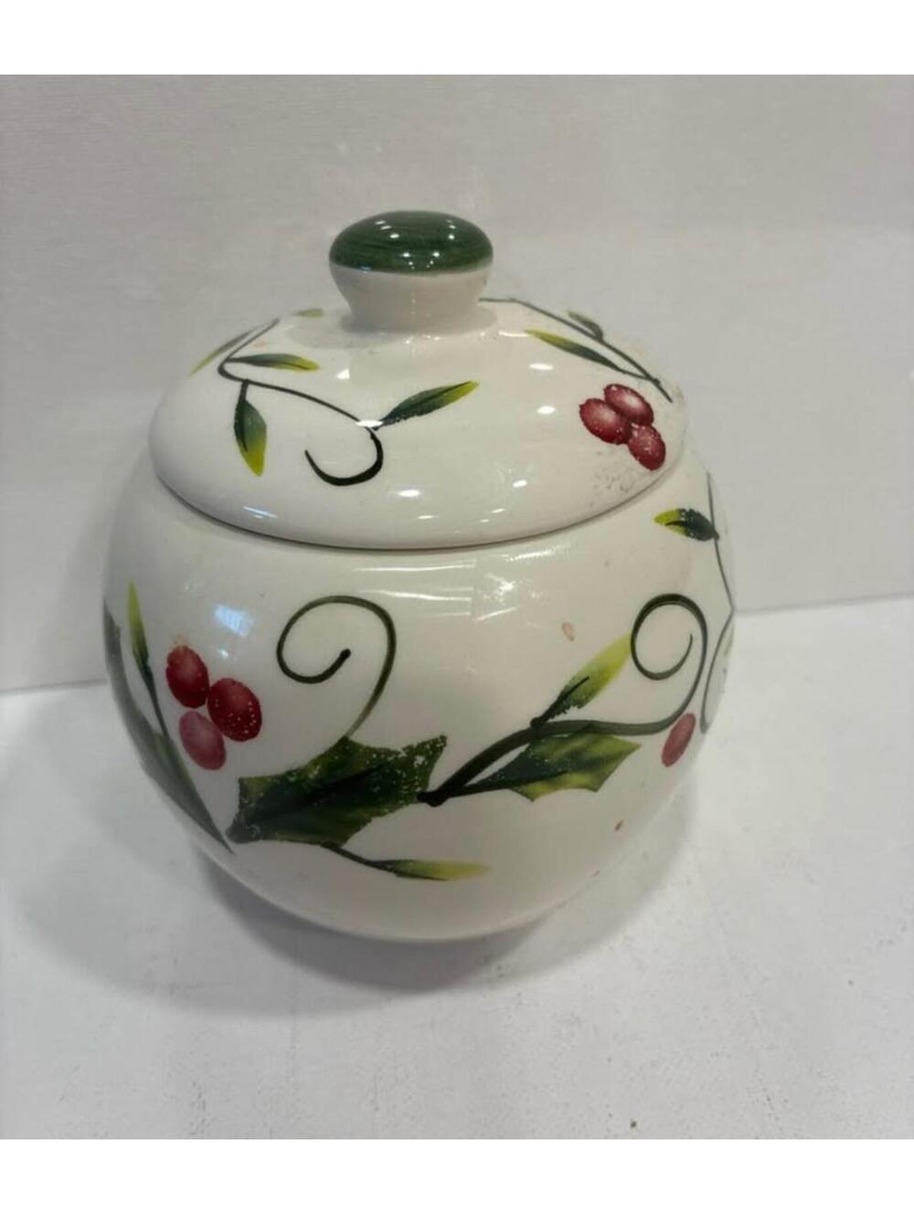 Holly Berry Hand Painted Ceramic Jar w/ Lid
